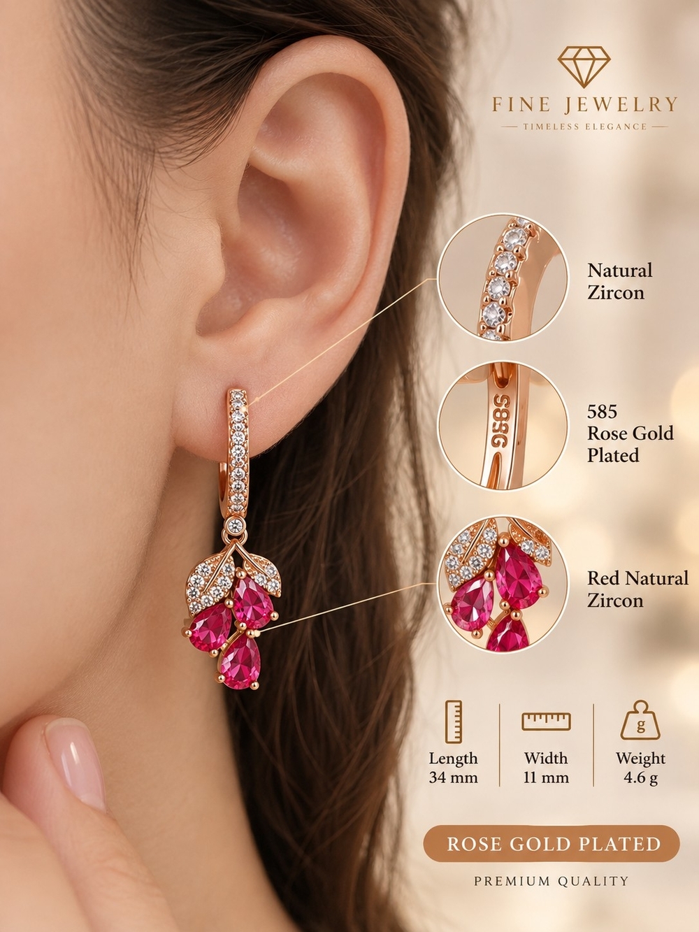 Rose Gold Teardrop Ruby Cluster Hoop Earrings